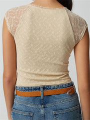 Retro Slim Lace Short Sleeve Deep V-Neck Front Bow Patchwork Summer Party Streetwear Tee