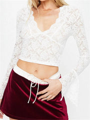 Retro Spring Fall Lace Long Flare Sleeve Deep V Neck Mesh Sheer Floral Party Streetwear Tee