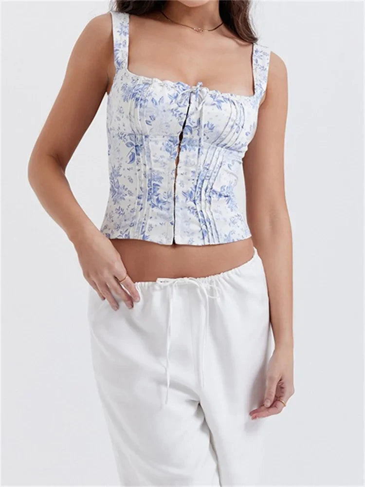 Square Neck Fairy Sleeveless Strap Front Buttons Up Camis Summer Mini Vest Streetwear Crop Tops