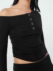 Ribbed Long Sleeve Off Shoulder Sexy for Solid Slim Fit Buttons Up Casual Streetwear Tee