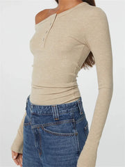 Ribbed Long Sleeve Off Shoulder Sexy for Solid Slim Fit Buttons Up Casual Streetwear Tee