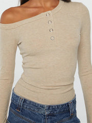 Ribbed Long Sleeve Off Shoulder Sexy for Solid Slim Fit Buttons Up Casual Streetwear Tee