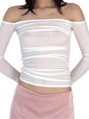 Sexy Basic Solid Ruched Long Sleeve Off Shoulder Casual Pullovers Club Streetwear Tee