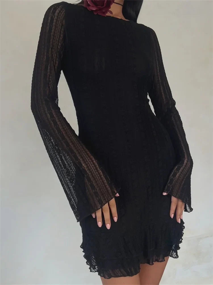 Sexy Lace Party Clubwear Long Flare Sleeve Mesh See Through O-neck Mini Dress