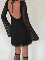Sexy Lace Party Clubwear Long Flare Sleeve Mesh See Through O-neck Mini Dress