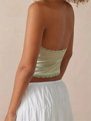 Satin Halter Lace Trim Front Bowknot V-Neck Backless Party Tank  Crop Tops