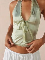 Satin Halter Lace Trim Front Bowknot V-Neck Backless Party Tank  Crop Tops