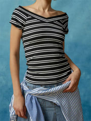 Sexy Slash Neck Off Shoulder Short Sleeve Solid Color/Striped Print Slim Fit Streetwear Tee