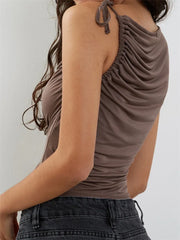 Solid Color Tank Sleeveless Asymmetrical Neck Ruched Slim Fit Summer Cropped Mini Vest Clubwear Crop Tops