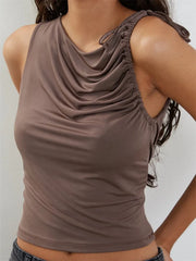 Solid Color Tank Sleeveless Asymmetrical Neck Ruched Slim Fit Summer Cropped Mini Vest Clubwear Crop Tops