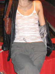 Spaghetti Strap Beach Camis Lace See Through Sleeveless Tank Summer Slim Fit Exposed Navel Vests Tops Crop Tops