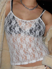 Spaghetti Strap Beach Camis Lace See Through Sleeveless Tank Summer Slim Fit Exposed Navel Vests Tops Crop Tops