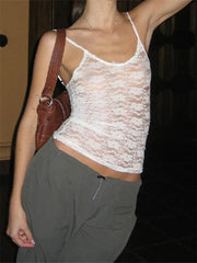 Spaghetti Strap Beach Camis Lace See Through Sleeveless Tank Summer Slim Fit Exposed Navel Vests Tops Crop Tops