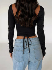 Square Neck Front Hollow Out Long Sleeve Backless Tie-up Slim Fit Black Streetwear Tee