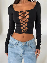 Square Neck Front Hollow Out Long Sleeve Backless Tie-up Slim Fit Black Streetwear Tee