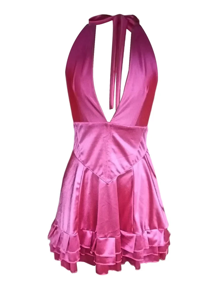 Sexy Solid Halter Backless Tie-up Mini Dress