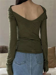 Sexy Long Sleeve Off-shoulder Ruched Solid Slim Fit Shirt Slash Neck Pullovers Clubwear Tee
