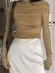 Sexy Long Sleeve Off-shoulder Ruched Solid Slim Fit Shirt Slash Neck Pullovers Clubwear Tee