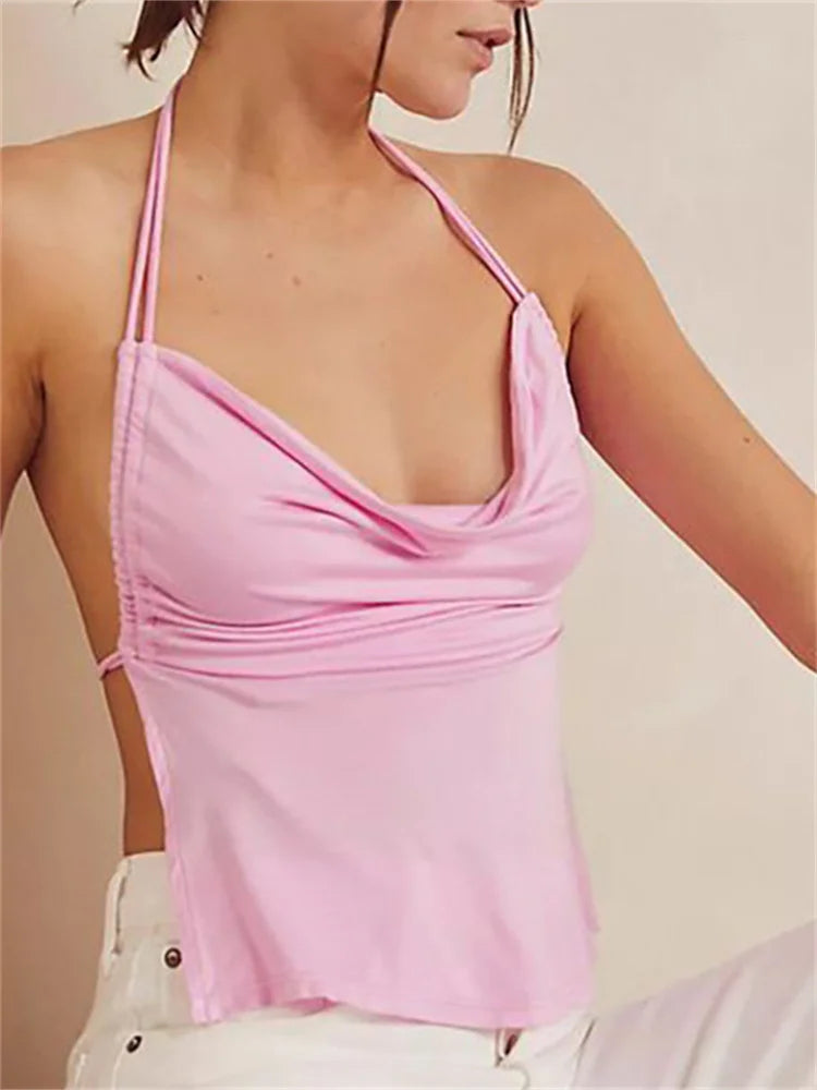 Summer Party Clubwear Sleeveless Halter Backless Low Cut Ruched Exposed Navel Tank Cami Top
