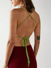 Summer Party Clubwear Sleeveless Halter Backless Low Cut Ruched Exposed Navel Tank Cami Top