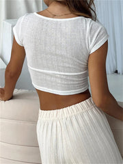 Y2K Short Sleeve Basic Summer White Solid V-neck Slim Fit Party Streetwear Tee