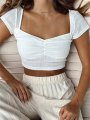 Y2K Short Sleeve Basic Summer White Solid V-neck Slim Fit Party Streetwear Tee