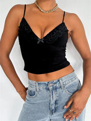 Spaghetti Strap Camis Chic Summer Sleeveless Lace Patchwork V-neck Tank Party Club Street Base Vests Crop Tops