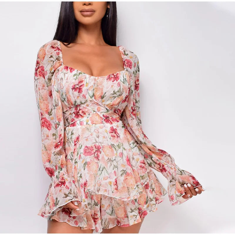 Square Collar Lace Up Floral Mini Dress