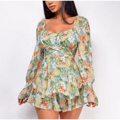 Square Collar Lace Up Floral Mini Dress