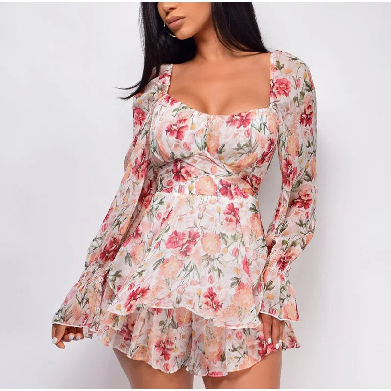 Square Collar Lace Up Floral Mini Dress