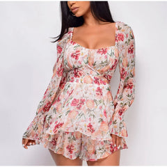 Square Collar Lace Up Floral Mini Dress