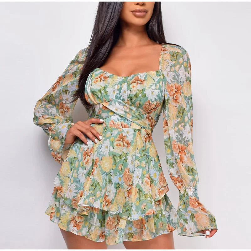 Square Collar Lace Up Floral Mini Dress