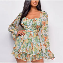 Square Collar Lace Up Floral Mini Dress