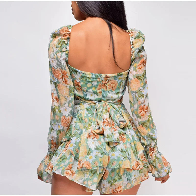 Square Collar Lace Up Floral Mini Dress