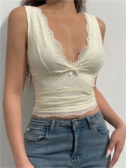 Lace Floral Summer Party Clubwear Sleeveless V-neck Slim Fit Solid Cropped  Crop Tops