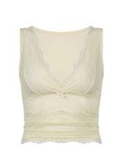 Lace Floral Summer Party Clubwear Sleeveless V-neck Slim Fit Solid Cropped  Crop Tops