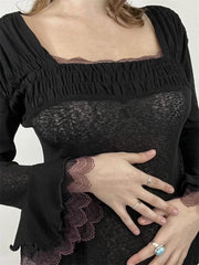 Vintage Lace Patchwork Long Flare Sleeve Top for Square Neck Ruched Slim Fit Clubwear Tee