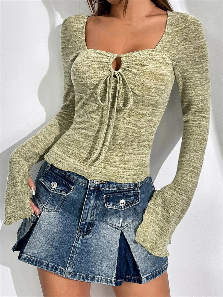 Vintage Fall Spring Square Neck Long Flared Sleeve Front Tie Up Solid Streetwear Tee