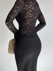 Vintage Lace Mesh See Through Long Sleeve Deep V-neck Slim Fit Party Clubwear Black Tee
