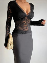 Vintage Lace Mesh See Through Long Sleeve Deep V-neck Slim Fit Party Clubwear Black Tee