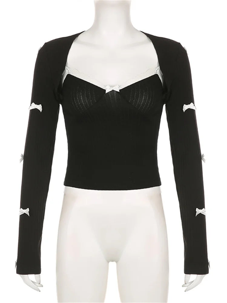 Lace Patchwork Autumn Camis Spaghetti Strap Tank with Long Sleeve Shrug Club Streetwear Crop Tops