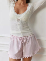Vintage Lace Patchwork Deep V Neck Low Cut Fairy Long Sleeve Slim Fit Streetwear Tee