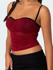 Patchwork Mesh Camis Ruched Spaghetti Strap Sleeveless Tank Summer Mini Vest Streetwear Crop Tops