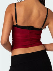 Patchwork Mesh Camis Ruched Spaghetti Strap Sleeveless Tank Summer Mini Vest Streetwear Crop Tops