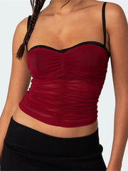 Patchwork Mesh Camis Ruched Spaghetti Strap Sleeveless Tank Summer Mini Vest Streetwear Crop Tops