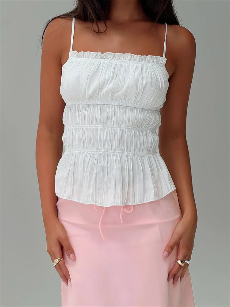 Vintage Sleeveless Spaghetti Strap Ruffles Solid Color Summer Mini Vest Streetwear Trendy Fashionable Unique Cami Top