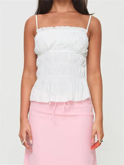 Vintage Sleeveless Spaghetti Strap Ruffles Solid Color Summer Mini Vest Streetwear Trendy Fashionable Unique Cami Top