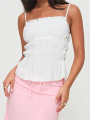 Vintage Sleeveless Spaghetti Strap Ruffles Solid Color Summer Mini Vest Streetwear Trendy Fashionable Unique Cami Top