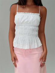 Vintage Sleeveless Spaghetti Strap Ruffles Solid Color Summer Mini Vest Streetwear Trendy Fashionable Unique Cami Top