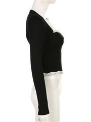 Vintage Spring Fall Lace Patchwork Long Sleeve Square Neck Slim Fit Streetwear New Tee